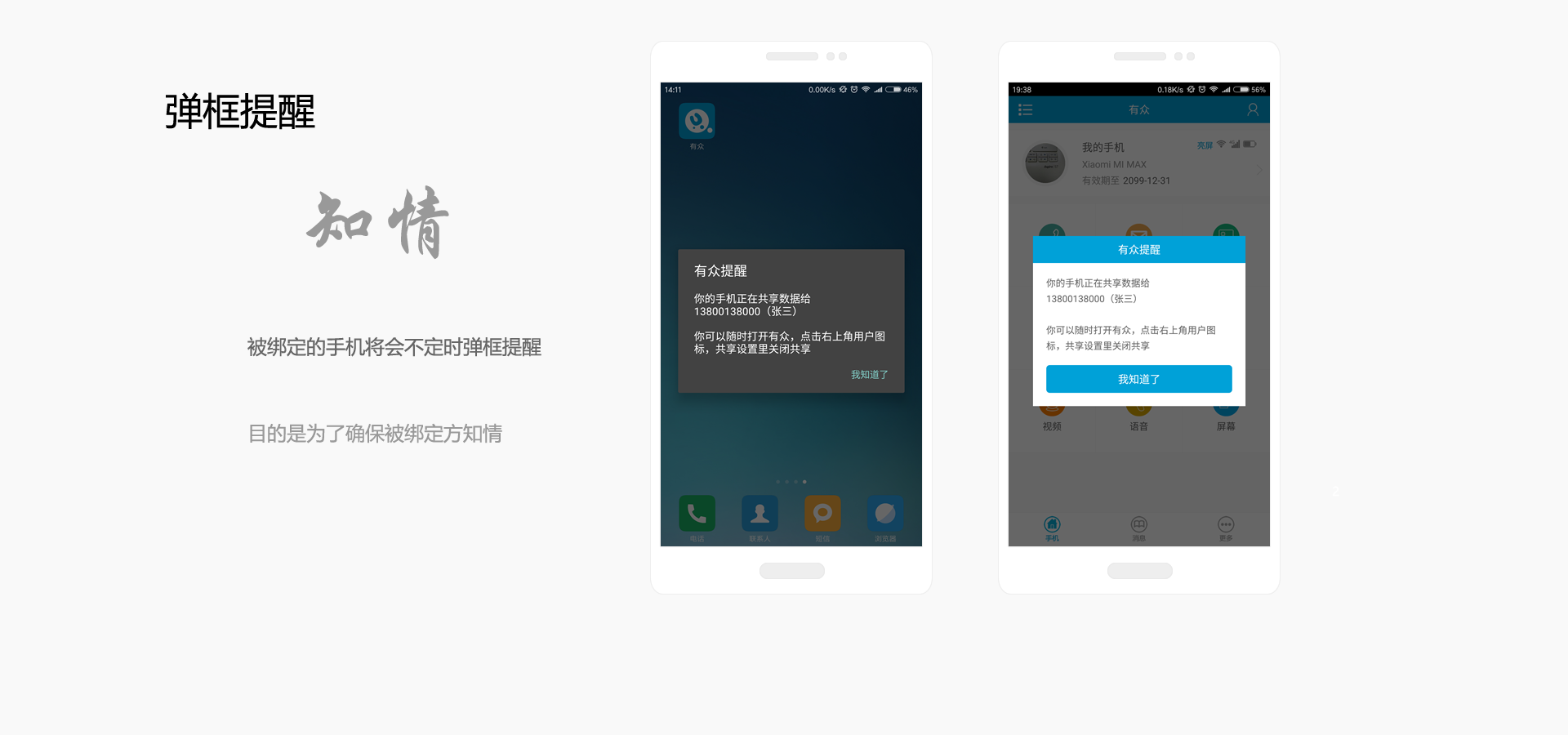 弹框提醒,知情,被绑定的手机将会不定时弹框提醒,目的是为了确保被绑定方知情
