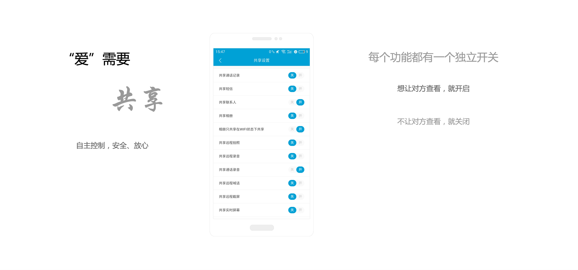 “爱”需要共享,自主控制,安全、放心,每个功能都有一个独立开关,想让对方查看,就开启,不让对方查看,就关闭